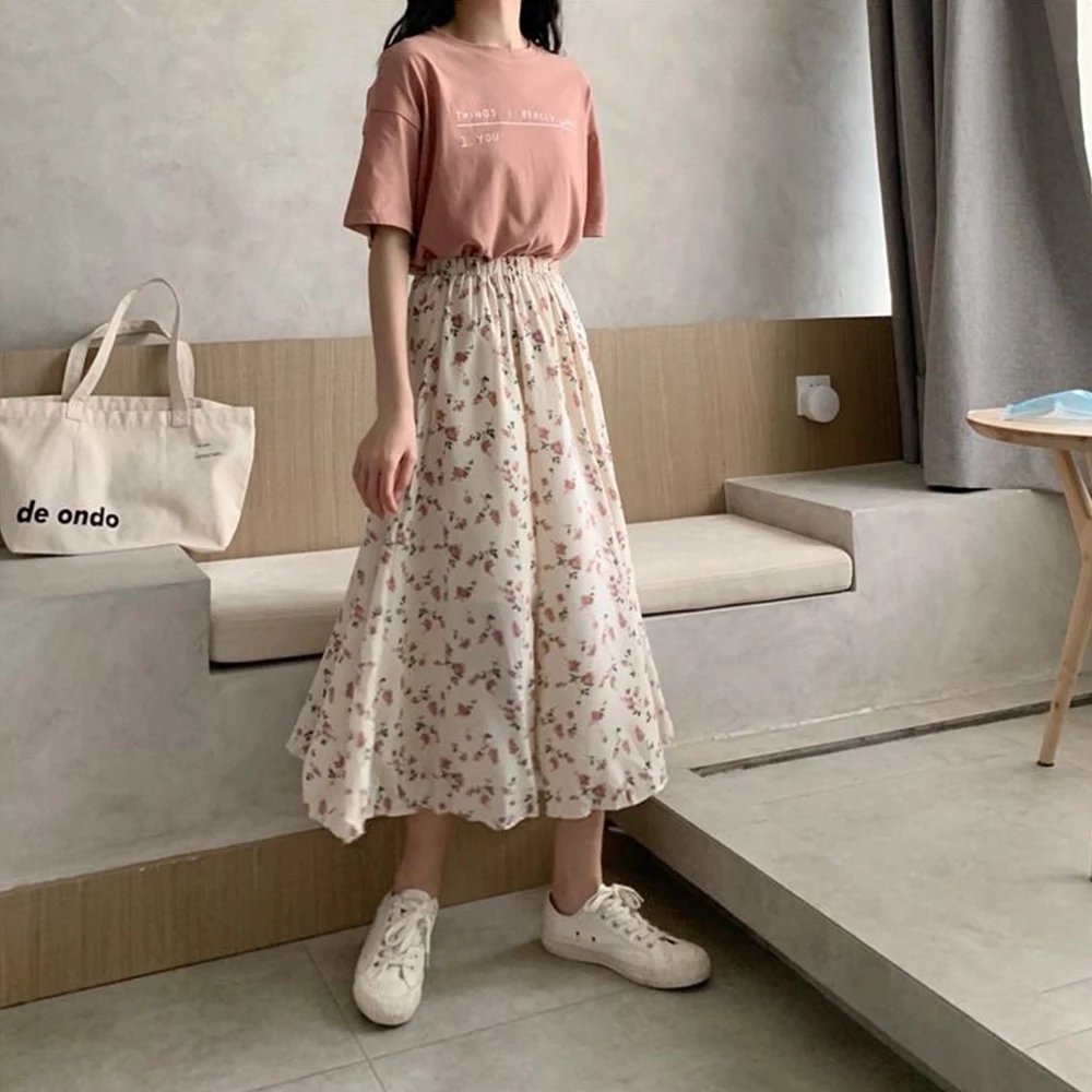 Vintage Floral Print A-line Pleated Long Skirts Summer Women Korean Skirt Streetwear Drawstring Elastic Waist Midi Skirt