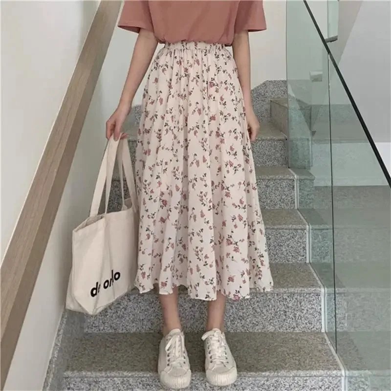 Vintage Floral Print A-line Pleated Long Skirts Summer Women Korean Skirt Streetwear Drawstring Elastic Waist Midi Skirt