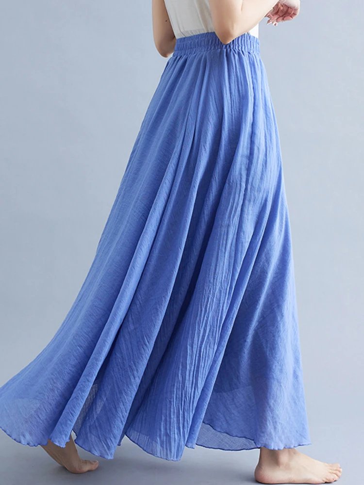 28-Color Mori Girl Literary Cotton Linen Dress Elastic Waist A-line Expansion Skirt Solid Color Ethnic Style Women Long Skirts