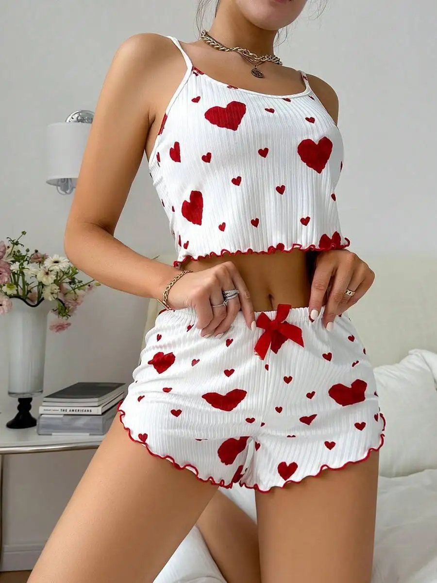 Women&rsquo;s 2PCS Heart Print Pajama Set, Sleeveless Crop Top and Shorts, Soft Comfy Sleepwear Loungewear for Summer Nightwear