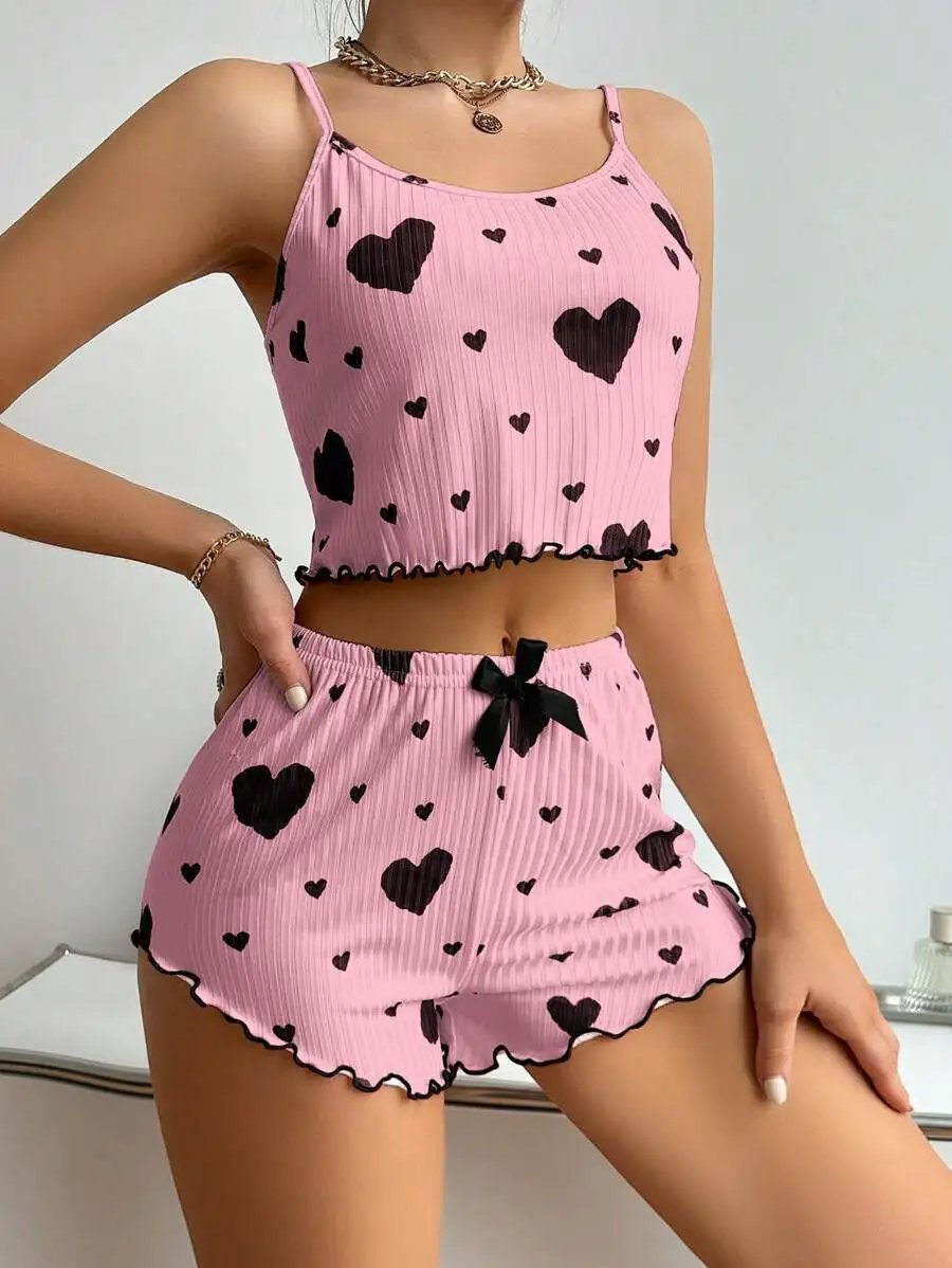 Women&rsquo;s 2PCS Heart Print Pajama Set, Sleeveless Crop Top and Shorts, Soft Comfy Sleepwear Loungewear for Summer Nightwear