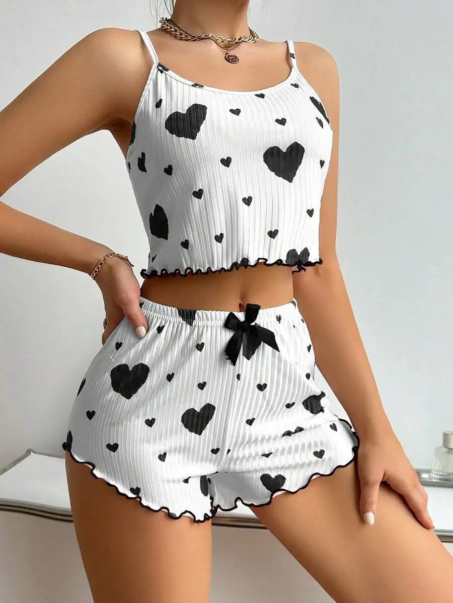 Women&rsquo;s 2PCS Heart Print Pajama Set, Sleeveless Crop Top and Shorts, Soft Comfy Sleepwear Loungewear for Summer Nightwear