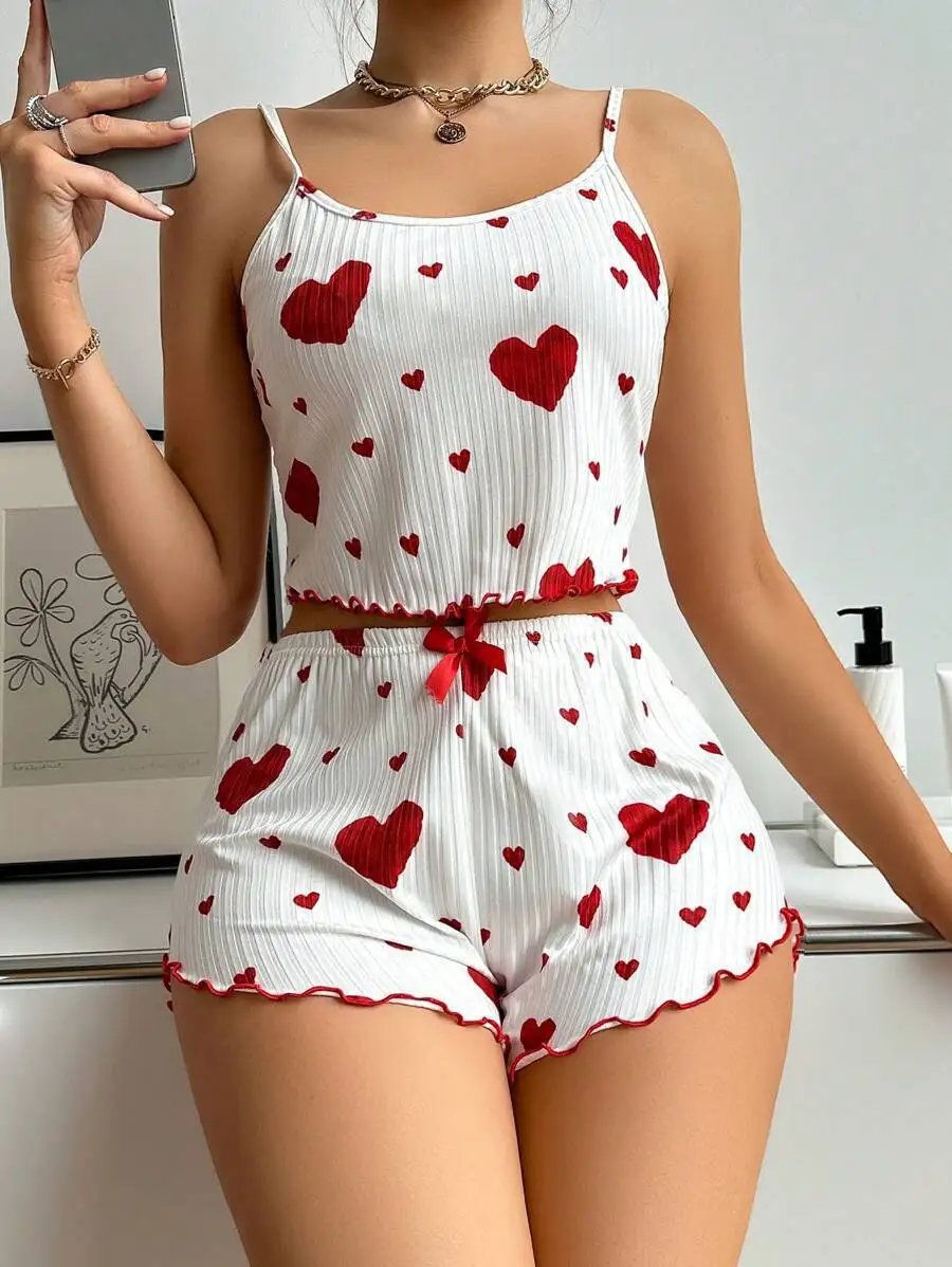 Women&rsquo;s 2PCS Heart Print Pajama Set, Sleeveless Crop Top and Shorts, Soft Comfy Sleepwear Loungewear for Summer Nightwear