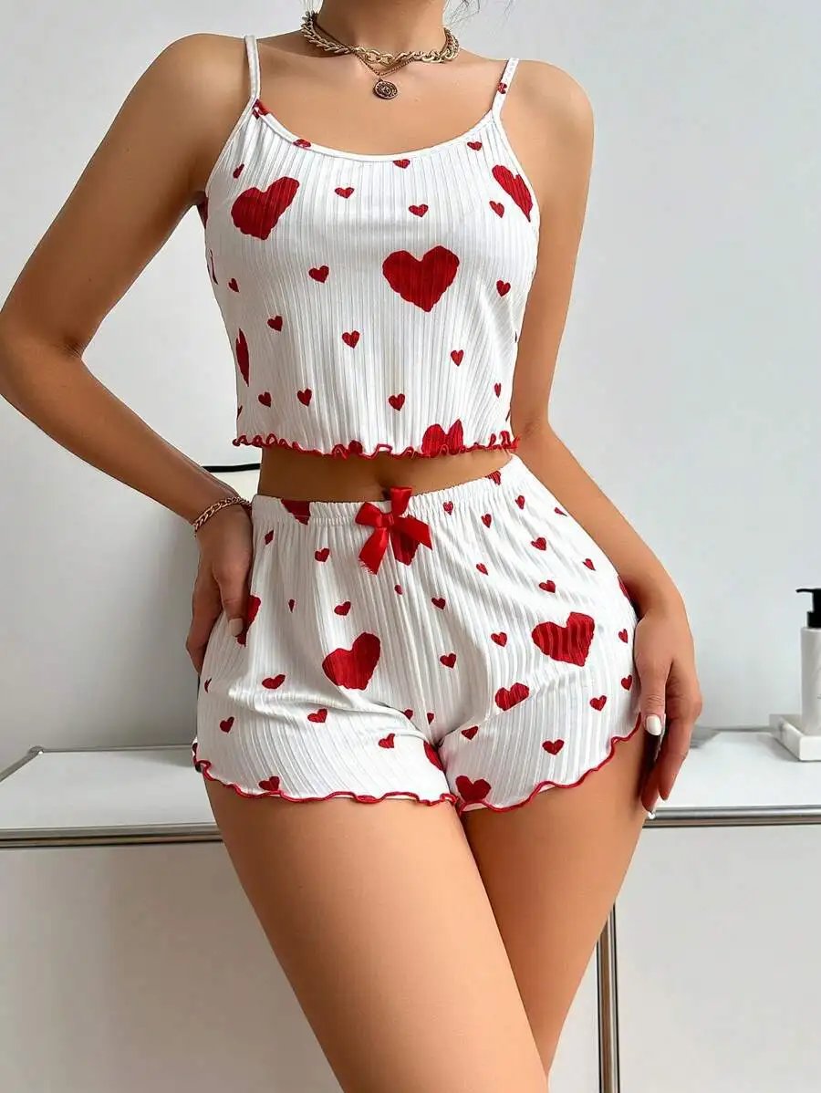 Women&rsquo;s 2PCS Heart Print Pajama Set, Sleeveless Crop Top and Shorts, Soft Comfy Sleepwear Loungewear for Summer Nightwear