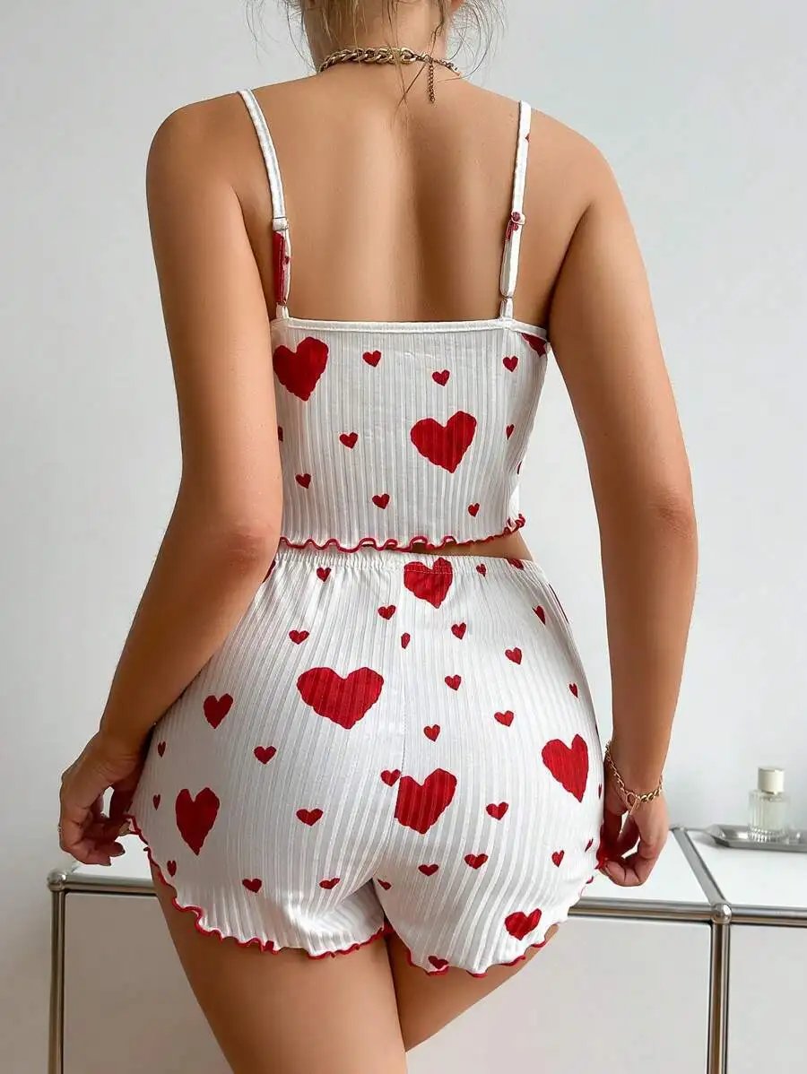 Women&rsquo;s 2PCS Heart Print Pajama Set, Sleeveless Crop Top and Shorts, Soft Comfy Sleepwear Loungewear for Summer Nightwear