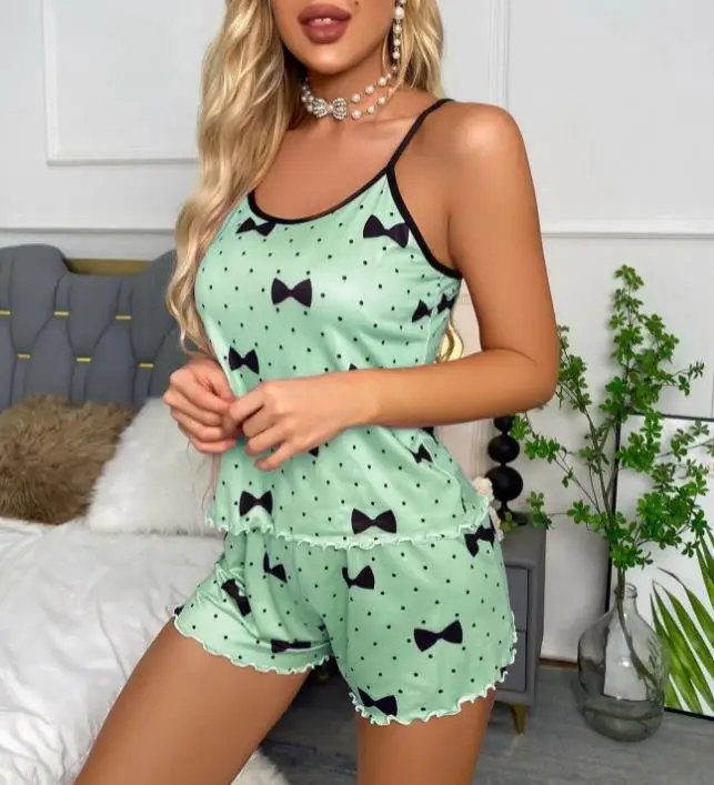 New women's sleepwear set with blue heart-shaped printed suspender casual elastic and comfortable sleepwear all season home wear