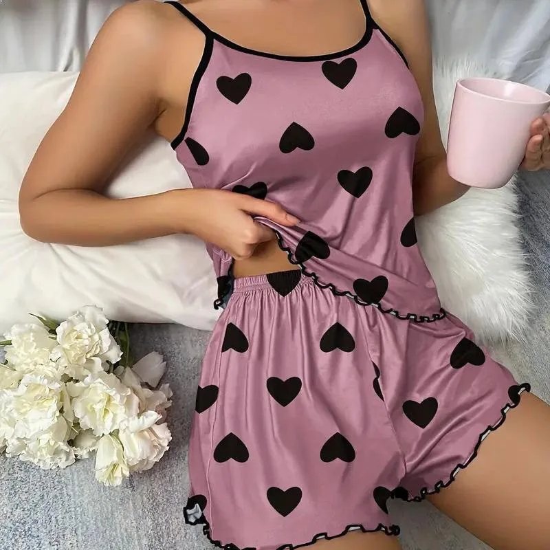 New women's sleepwear set with blue heart-shaped printed suspender casual elastic and comfortable sleepwear all season home wear