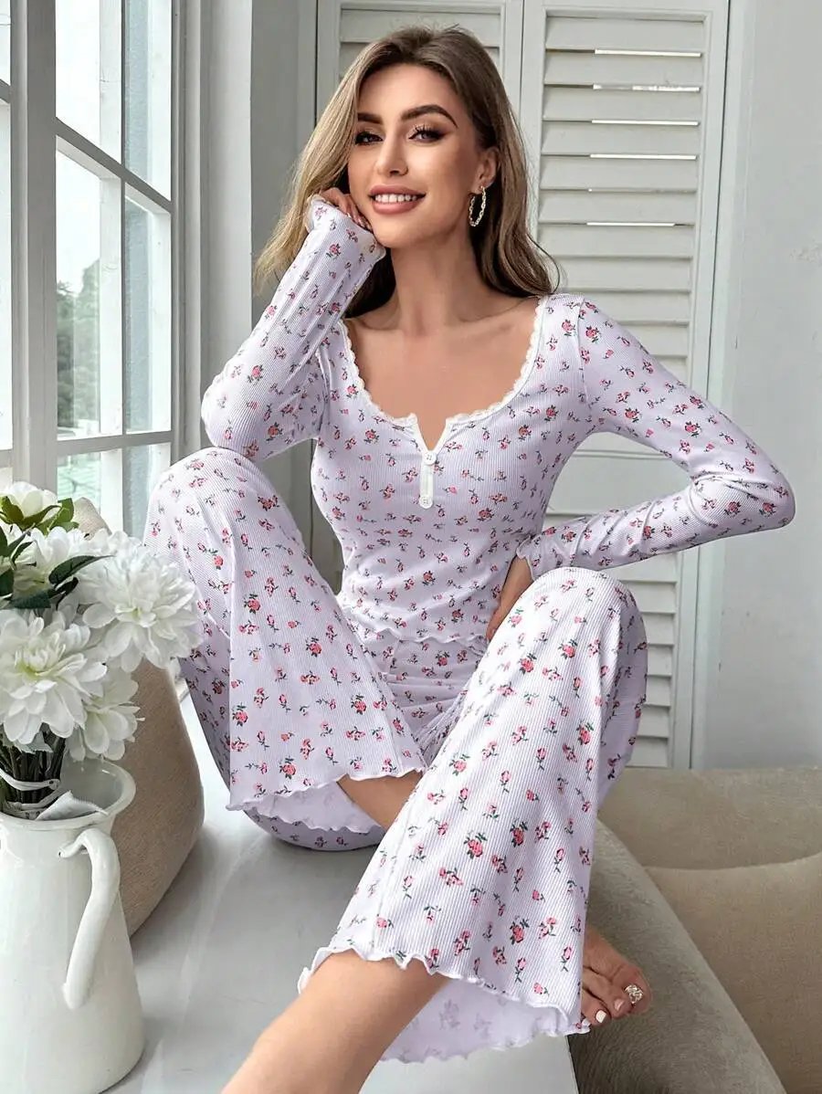 New Women Soft Comfortable sexy Floral Print Pajama Set Long Sleeve Top and Pants Loungewear Sleepwear Two Piece Set Homewear