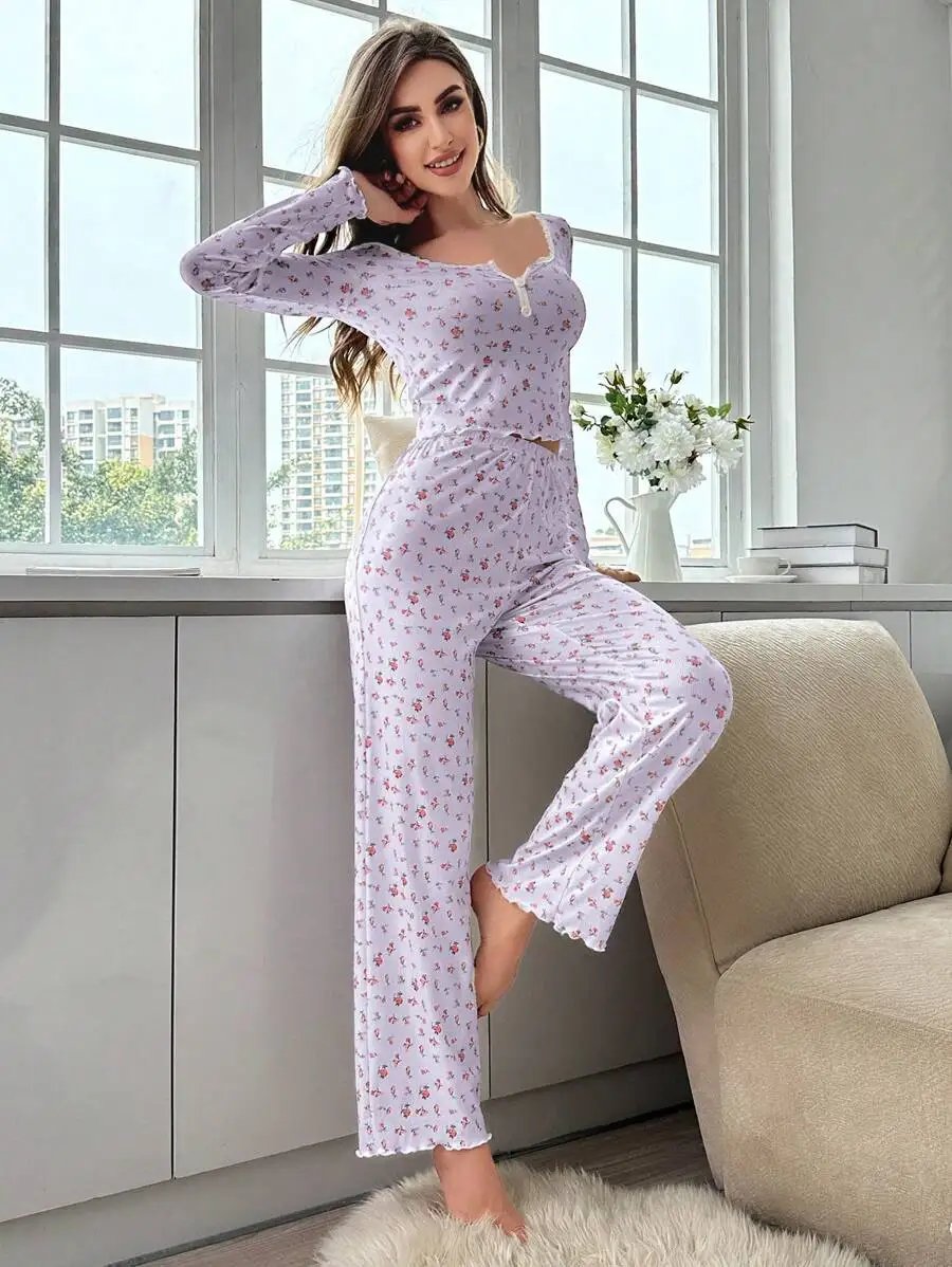 New Women Soft Comfortable sexy Floral Print Pajama Set Long Sleeve Top and Pants Loungewear Sleepwear Two Piece Set Homewear