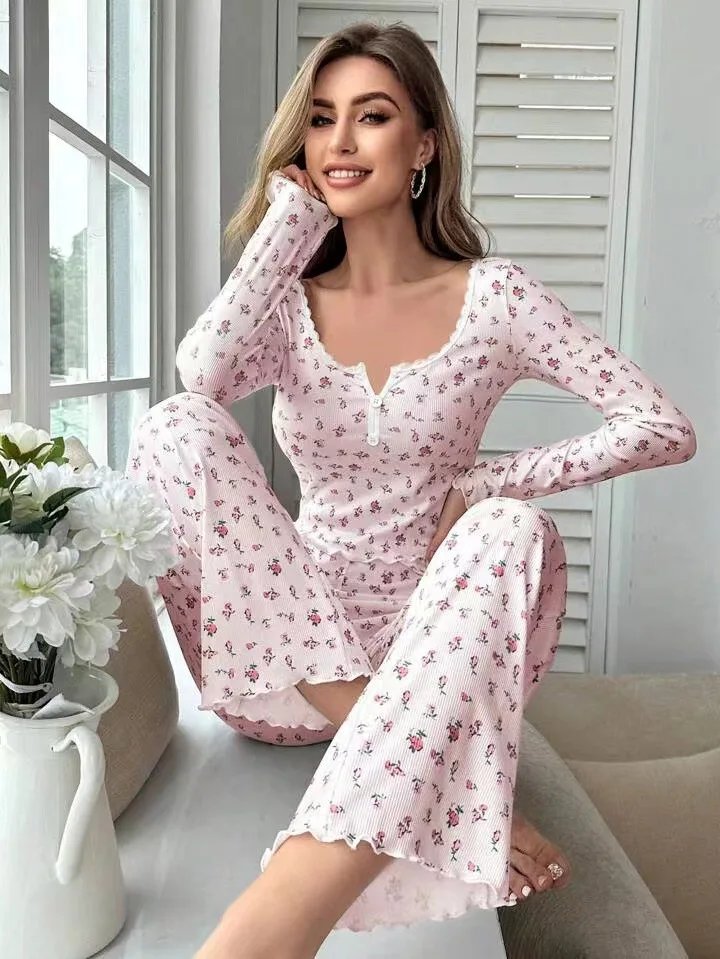New Women Soft Comfortable sexy Floral Print Pajama Set Long Sleeve Top and Pants Loungewear Sleepwear Two Piece Set Homewear New Women Soft Comfortable sexy Floral Print Pajama Set Long Sleeve Top and Pants Loungewear Sleepwear Two Piece Set Homewear