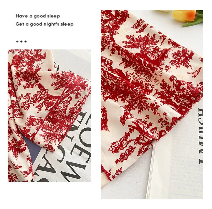 Fashion Print Flower 2PCS Pajamas Set Women Sleepwear Spring Summer Trouser Suits Lounge Wear Loose Satin Homewear Pijamas Suit