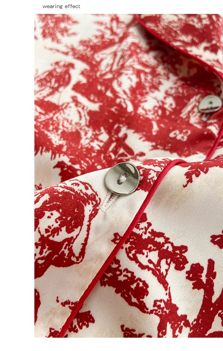 Fashion Print Flower 2PCS Pajamas Set Women Sleepwear Spring Summer Trouser Suits Lounge Wear Loose Satin Homewear Pijamas Suit