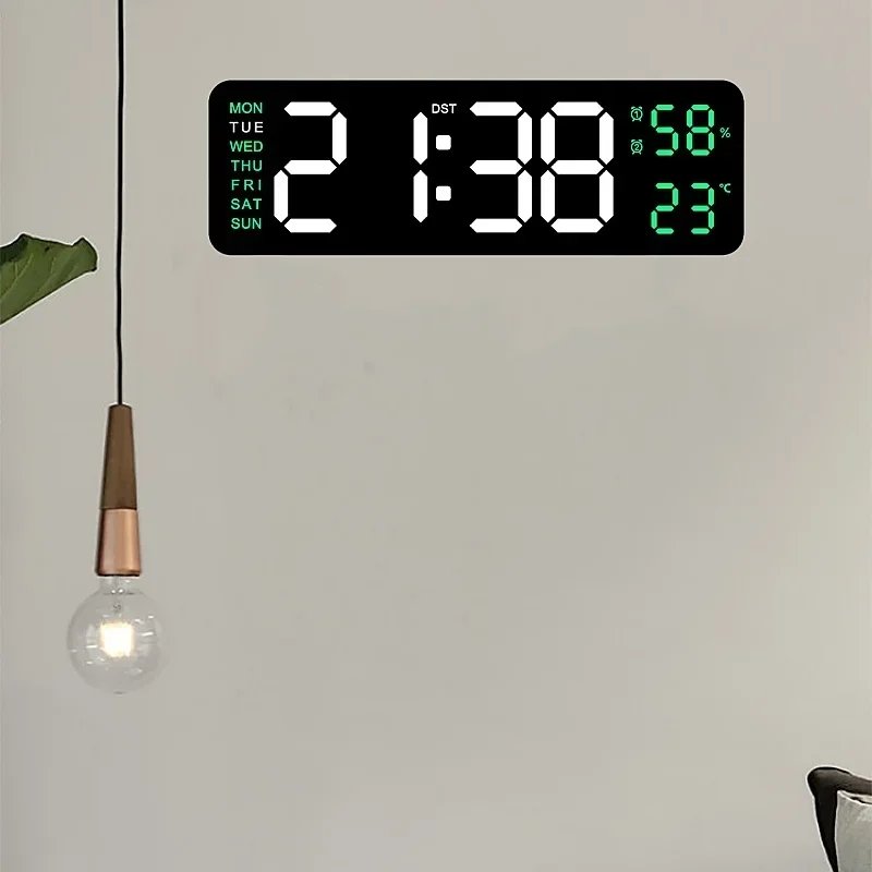 9 Inch Large Digital Wall Clock USB Powered TEMP Humidity Week Auto Dimmer DST Table Clock 12/24H Electronic LED Alarm Clock