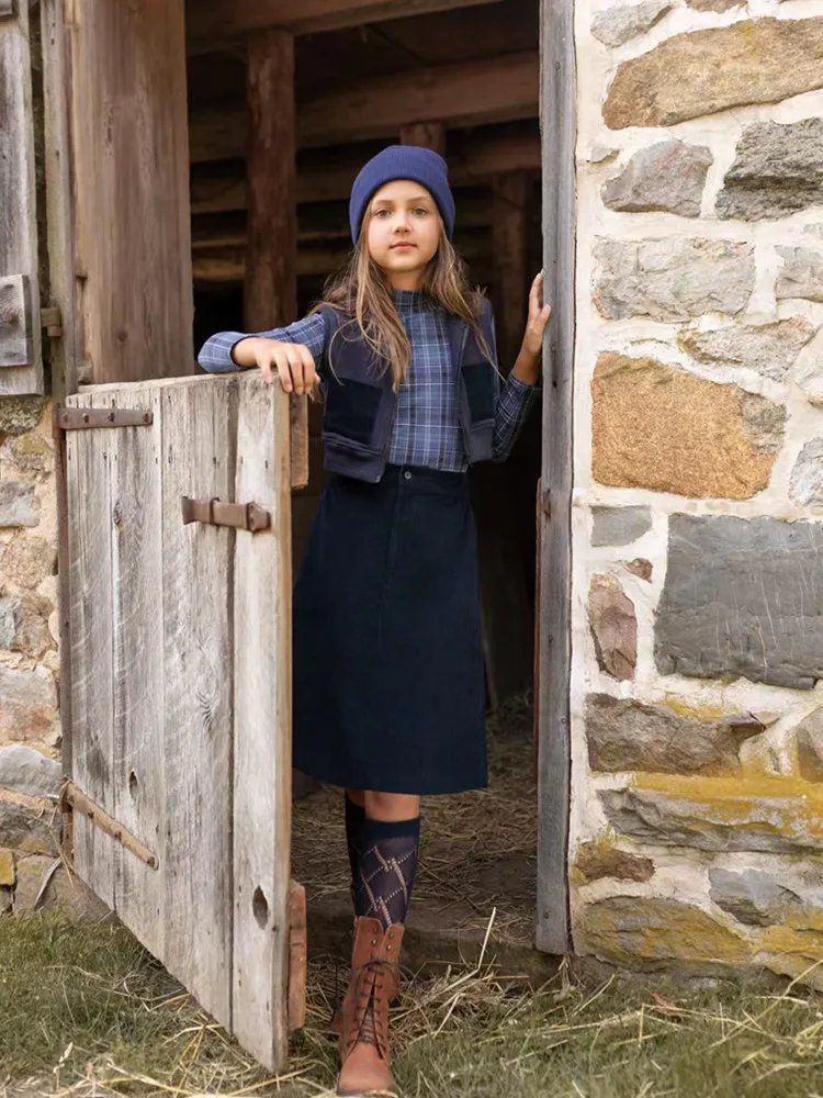 AP 2025 AW corduroy collection navy blue kids girls boys jumper dress skirt family matching clothes casual plaid clothes