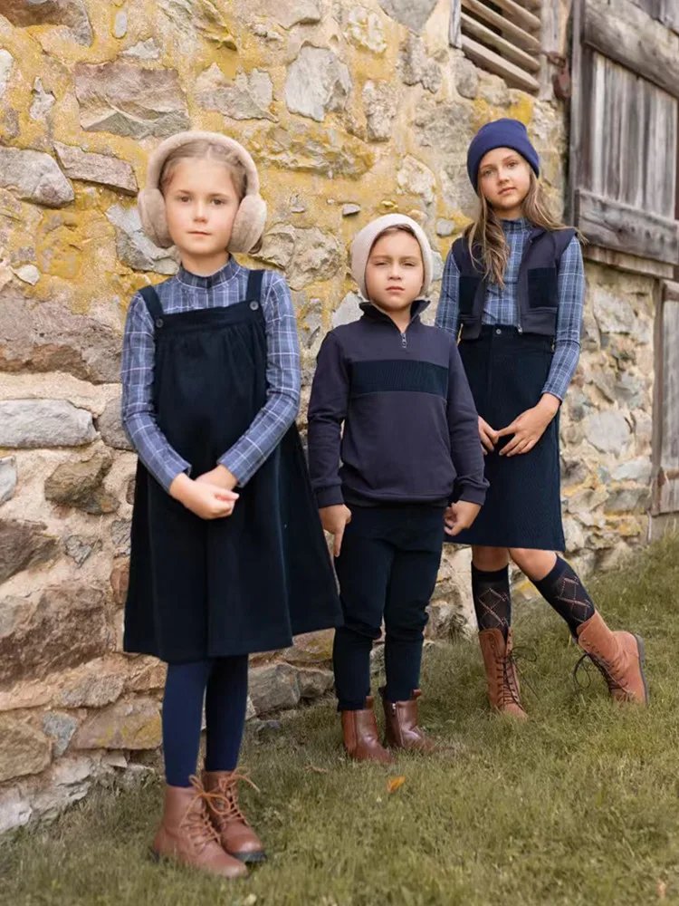 AP 2025 AW corduroy collection navy blue kids girls boys jumper dress skirt family matching clothes casual plaid clothes