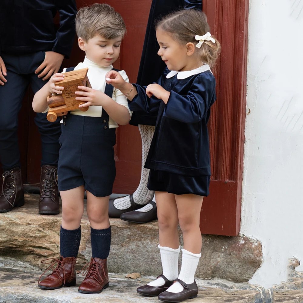 AP AW25 Sapphire Collection Girls Velvet Dress Baby Kids Set Floral Sweater Boys Overalls Brothers Sisters Family Matching