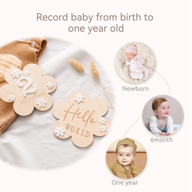 Wooden Baby Flower Shape Milestone Card Monthly Memorial Card Newborn Birthday Photography Accessories For Baby Birth Gift