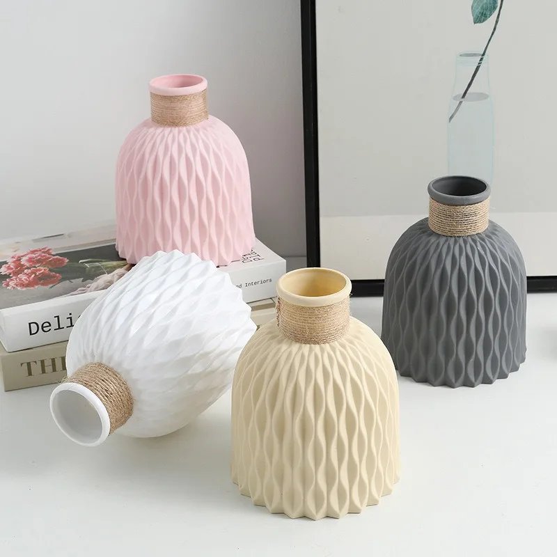 1PC Pineapple Pattern Twine Imitation Ceramic Plastic Vase Simple Water Wave Pattern Flower Arrangement Vase