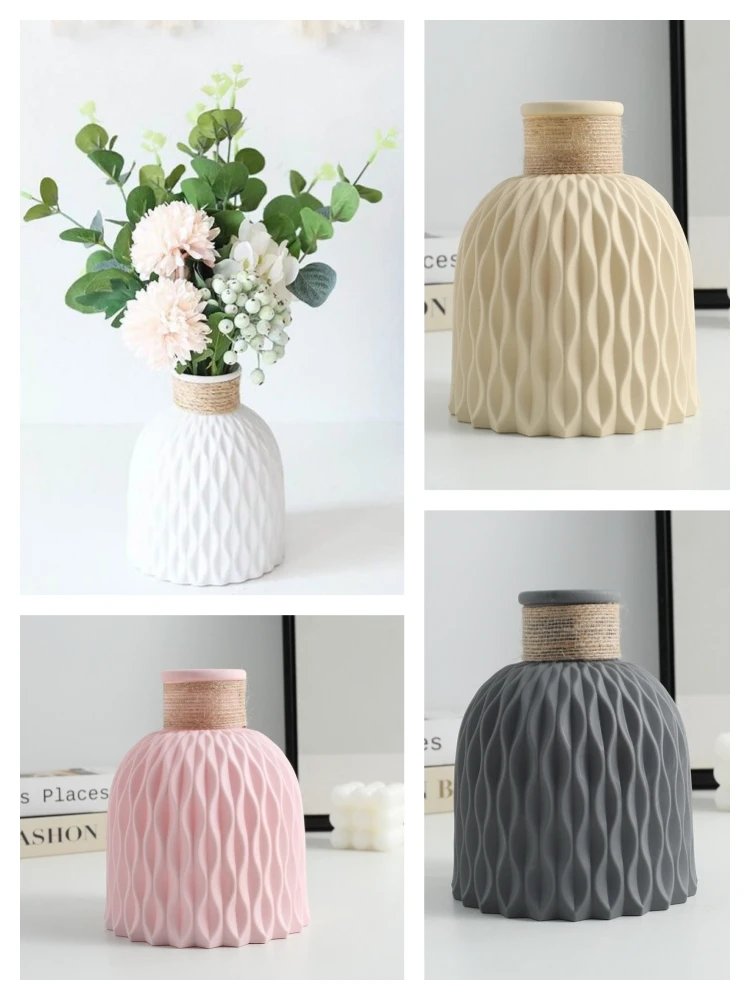 1PC Pineapple Pattern Twine Imitation Ceramic Plastic Vase Simple Water Wave Pattern Flower Arrangement Vase