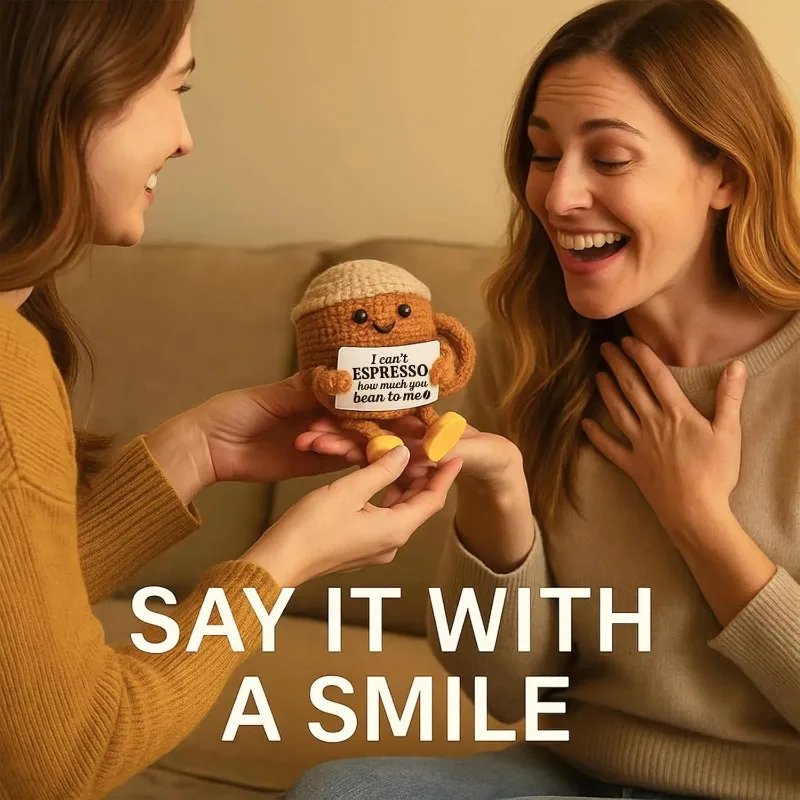 Funny Crochet Emotional Support Coffee Doll With Card Desktop Ornament Handmade Knitted Coffee Dolls Christmas Gifts Home Decor