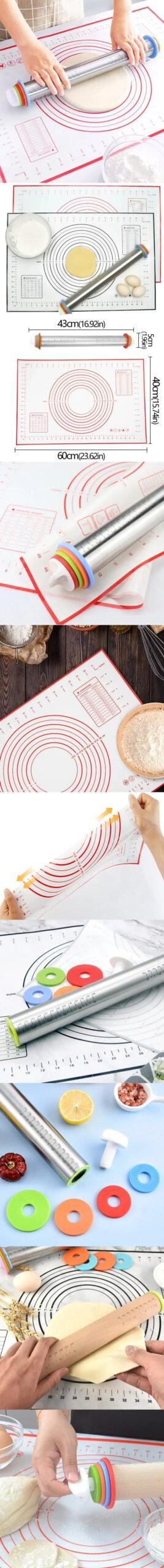 Adjustable Rolling Pin Removable Ring Dough Mat Dough Roller Stainless SteelSilicone Kneading Mat Non-Stick Silicone