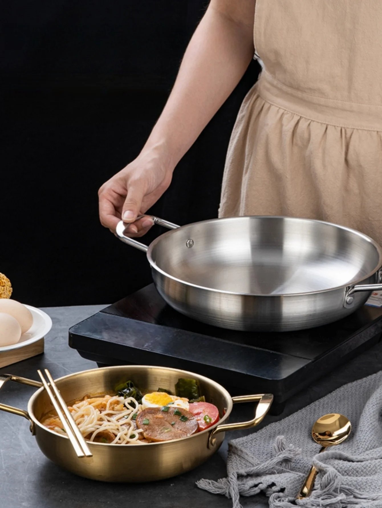 Stainless Steel Cookware Saucepan Dry Pots with Handle Home Cooking Paella Pan Seafood Rice Pot Picnic Snack Plates Stainless Steel Cookware Saucepan Dry Pots with Handle Home Cooking Paella Pan Seafood Rice Pot Picnic Snack Plates