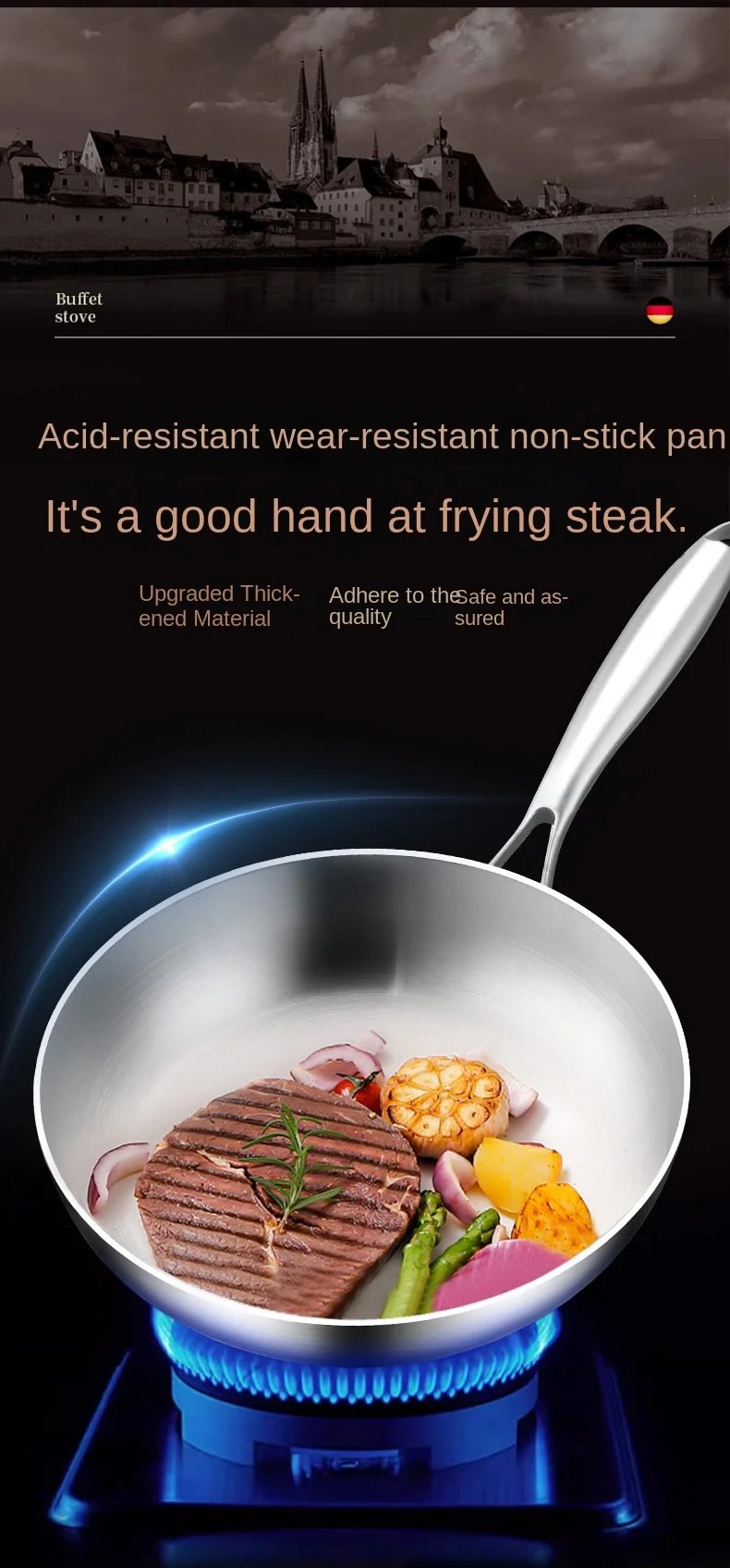 316 Stainless Steel Frying Pan Wok NonStick Pan Fried Steak Pot Uncoated Kitchen Cookware For Gas Stove and Induction Cooker Wok