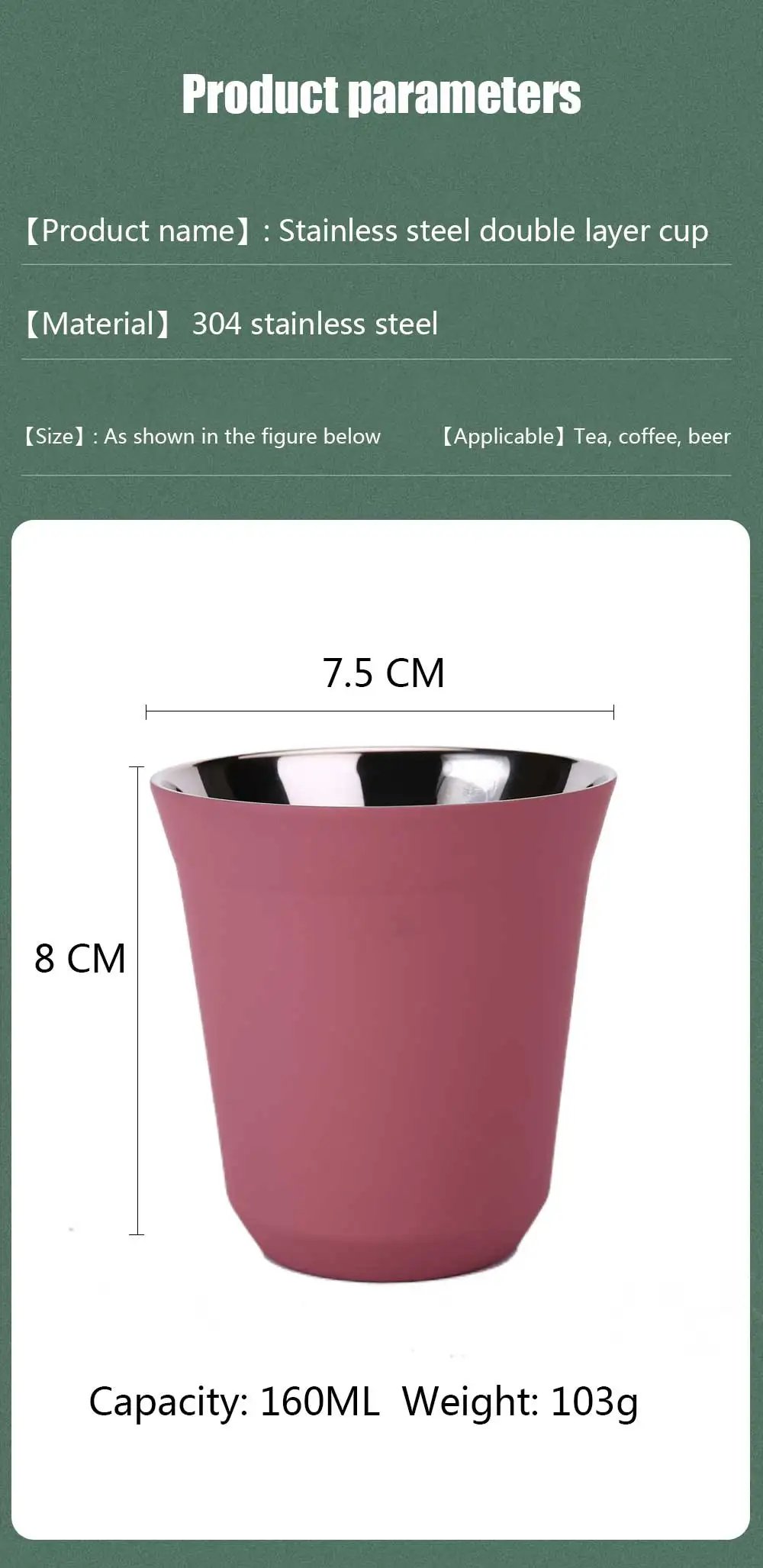 160ML 304 Espresso Mugs Stainless Steel Coffee Milk Water Drink Breakfast Cups Insulated Double Wall Safe Texture