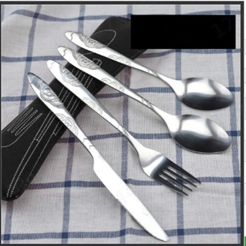3Pcs/4Pcs/7Pcs Set Dinnerware Portable Printed Knifes Fork Spoon Stainless Steel Family Camping Steak Cutlery Tableware with Bag