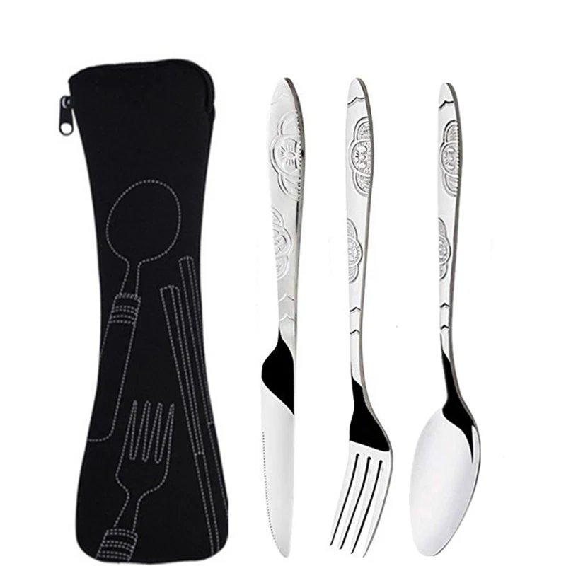 3Pcs/4Pcs/7Pcs Set Dinnerware Portable Printed Knifes Fork Spoon Stainless Steel Family Camping Steak Cutlery Tableware with Bag