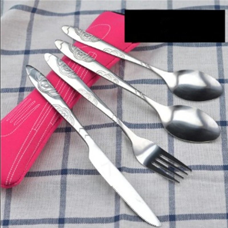 3Pcs/4Pcs/7Pcs Set Dinnerware Portable Printed Knifes Fork Spoon Stainless Steel Family Camping Steak Cutlery Tableware with Bag