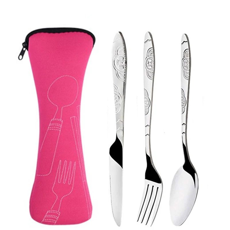 3Pcs/4Pcs/7Pcs Set Dinnerware Portable Printed Knifes Fork Spoon Stainless Steel Family Camping Steak Cutlery Tableware with Bag