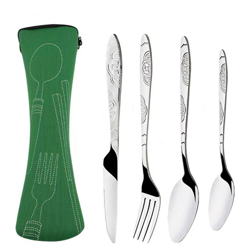 3Pcs/4Pcs/7Pcs Set Dinnerware Portable Printed Knifes Fork Spoon Stainless Steel Family Camping Steak Cutlery Tableware with Bag