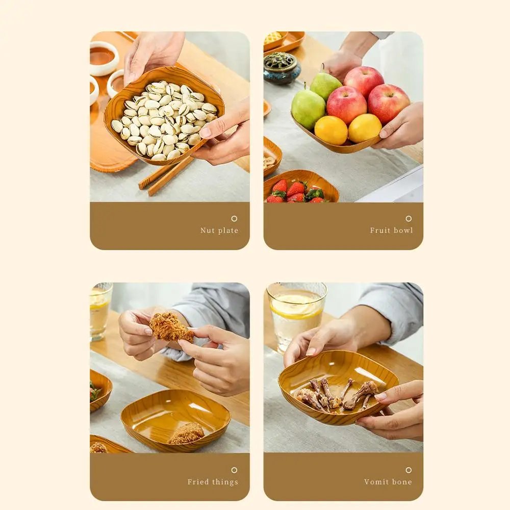 10PCS Japanese-style Plastic Dish Multifunctional Simple Imitation Wood Grain Bone Spitting Dish Household Food Grade Fruit Bowl