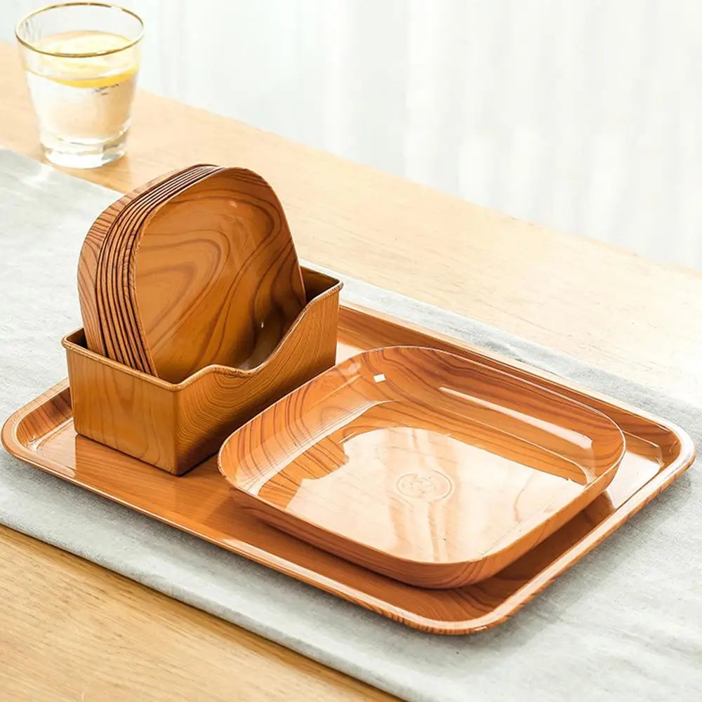 10PCS Japanese-style Plastic Dish Multifunctional Simple Imitation Wood Grain Bone Spitting Dish Household Food Grade Fruit Bowl
