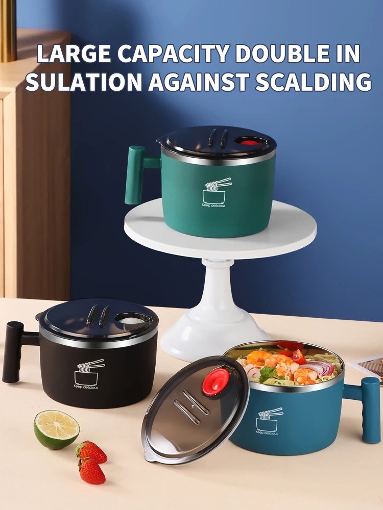 Stainless Steel Bowl With Lid For Instant Noodles Sealed And Portable Drain Bowl For Kitchen Utensils Instant Noodle Partner