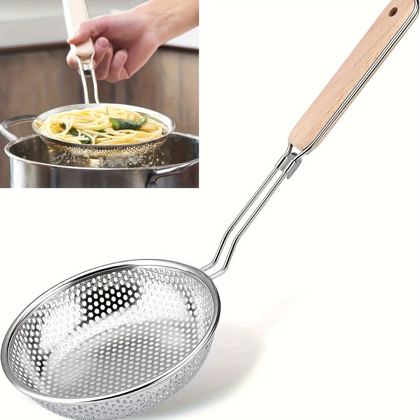 Stainless Steel Colander with Wooden Handle - Fine Mesh Skimmer Spoon for Cooking, Food Prep Grease Filtering for Pasta Noodles
