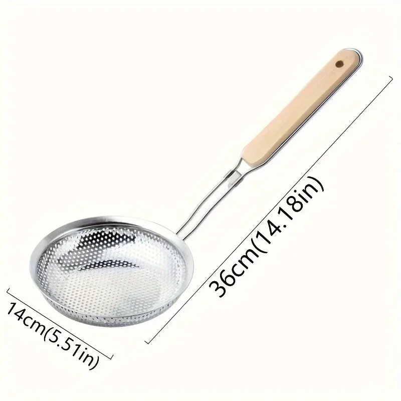 Stainless Steel Colander with Wooden Handle - Fine Mesh Skimmer Spoon for Cooking, Food Prep Grease Filtering for Pasta Noodles