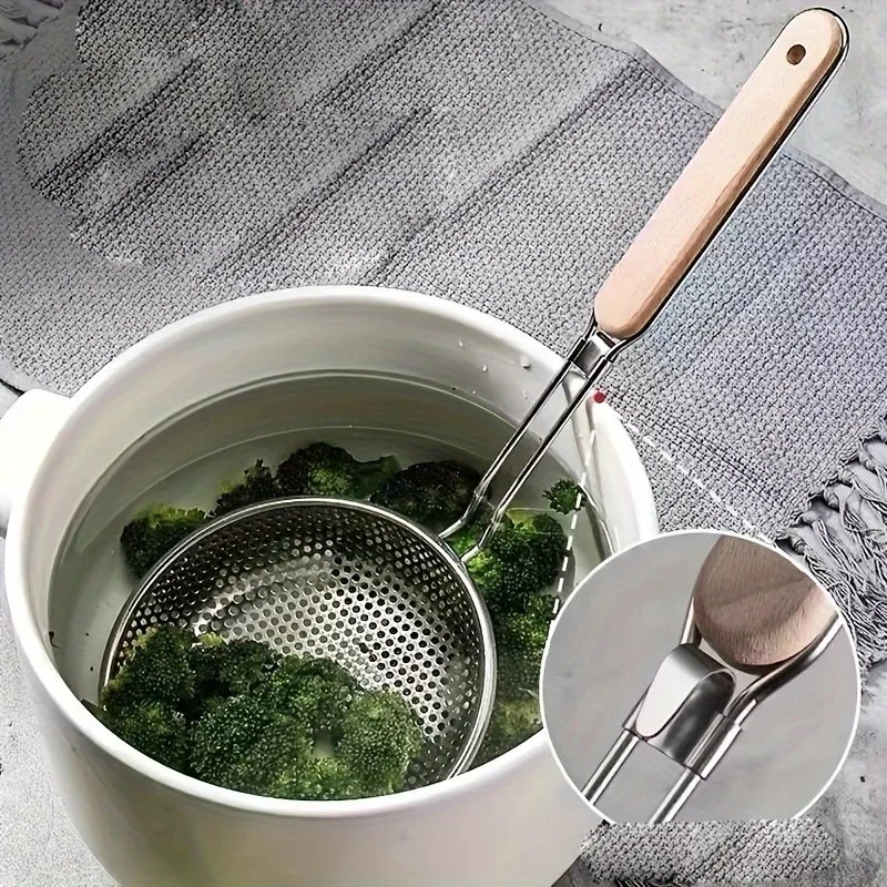 Stainless Steel Colander with Wooden Handle - Fine Mesh Skimmer Spoon for Cooking, Food Prep Grease Filtering for Pasta Noodles