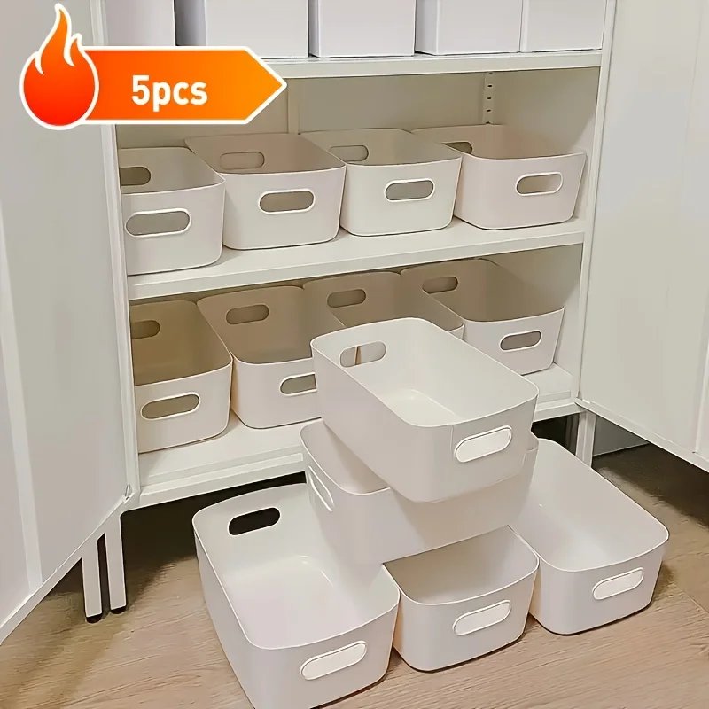 5pcs Stackable Storage Box Set,Rectangular Plastic Organizer Containers,Durable, Reusable,for Kitchen,Bathroom,Dorm Essentials