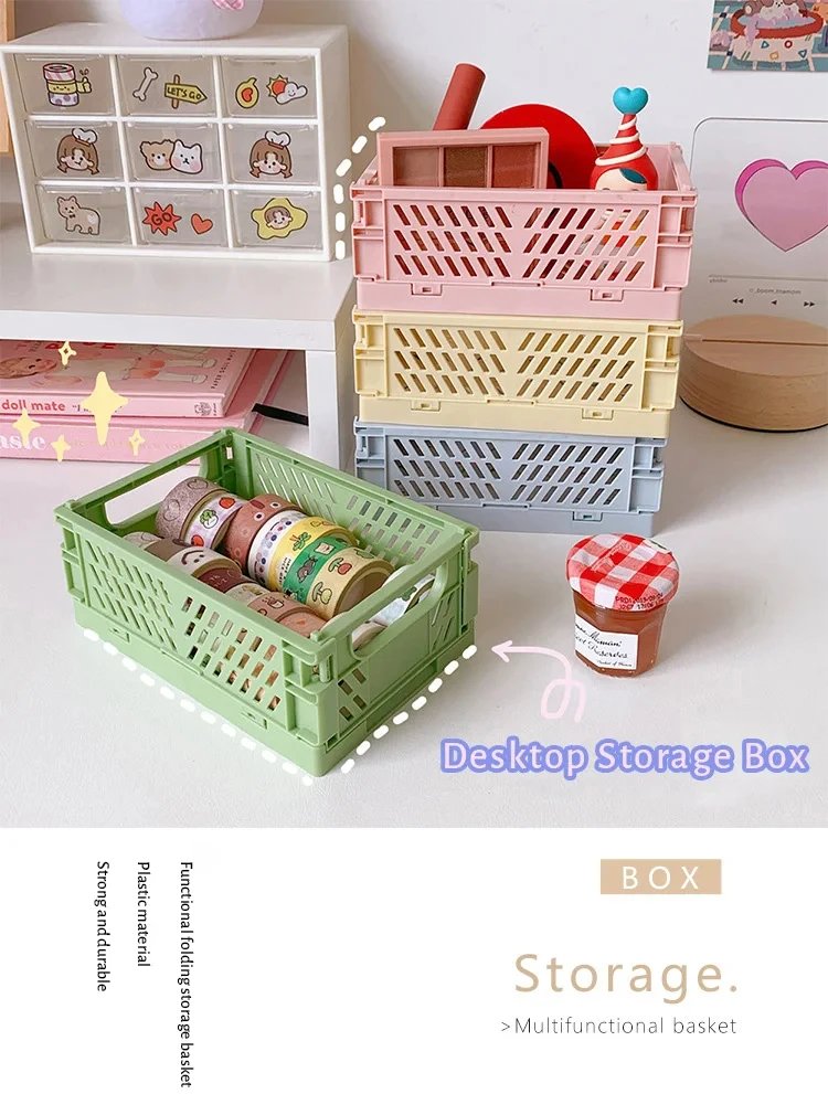6 Color Organizing Storage Baskets Case Folding Student Desktop Basket Tape Stationery Plastic Foldable Container Storage Box