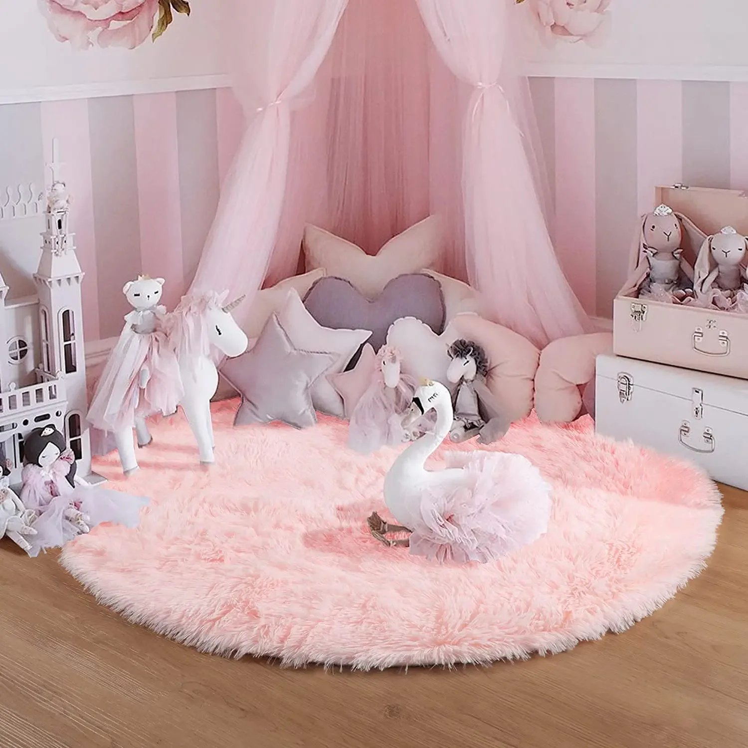 100/120/140/160 Round Rug Fluffy Soft Area Rugs for Kids Girls Room Princess Castle Plush Shag Carpet Cute Circle Bedroom Decor