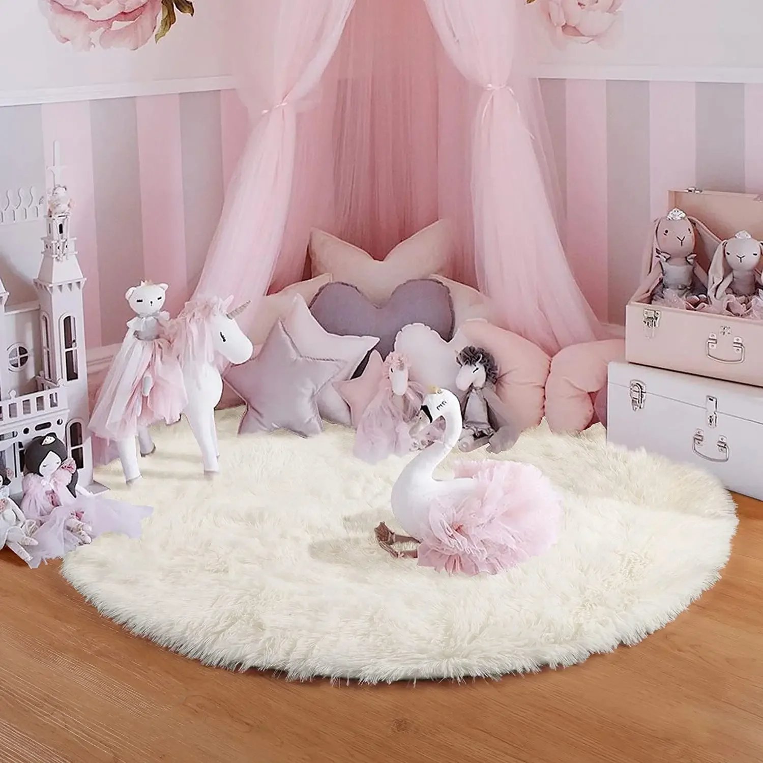 100/120/140/160 Round Rug Fluffy Soft Area Rugs for Kids Girls Room Princess Castle Plush Shag Carpet Cute Circle Bedroom Decor