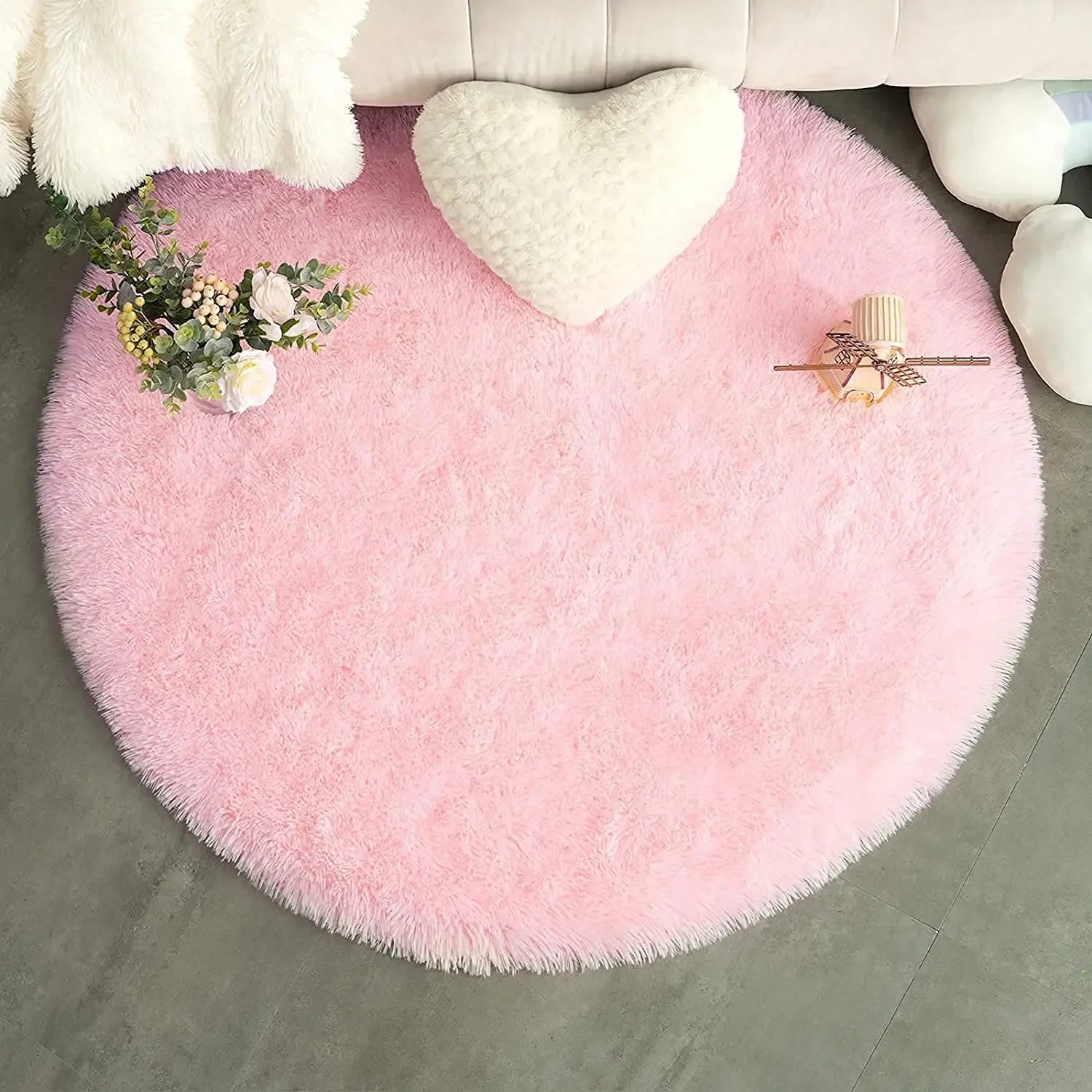 100/120/140/160 Round Rug Fluffy Soft Area Rugs for Kids Girls Room Princess Castle Plush Shag Carpet Cute Circle Bedroom Decor