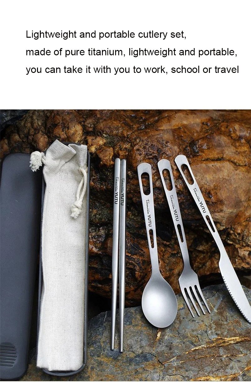 Pure Titanium Tableware Set Outdoor Household Frosted Knife and Fork Spoon Chopsticks Travel Camping Portable Knife and Fork Set