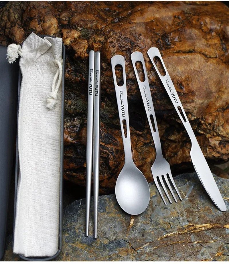 Pure Titanium Tableware Set Outdoor Household Frosted Knife and Fork Spoon Chopsticks Travel Camping Portable Knife and Fork Set