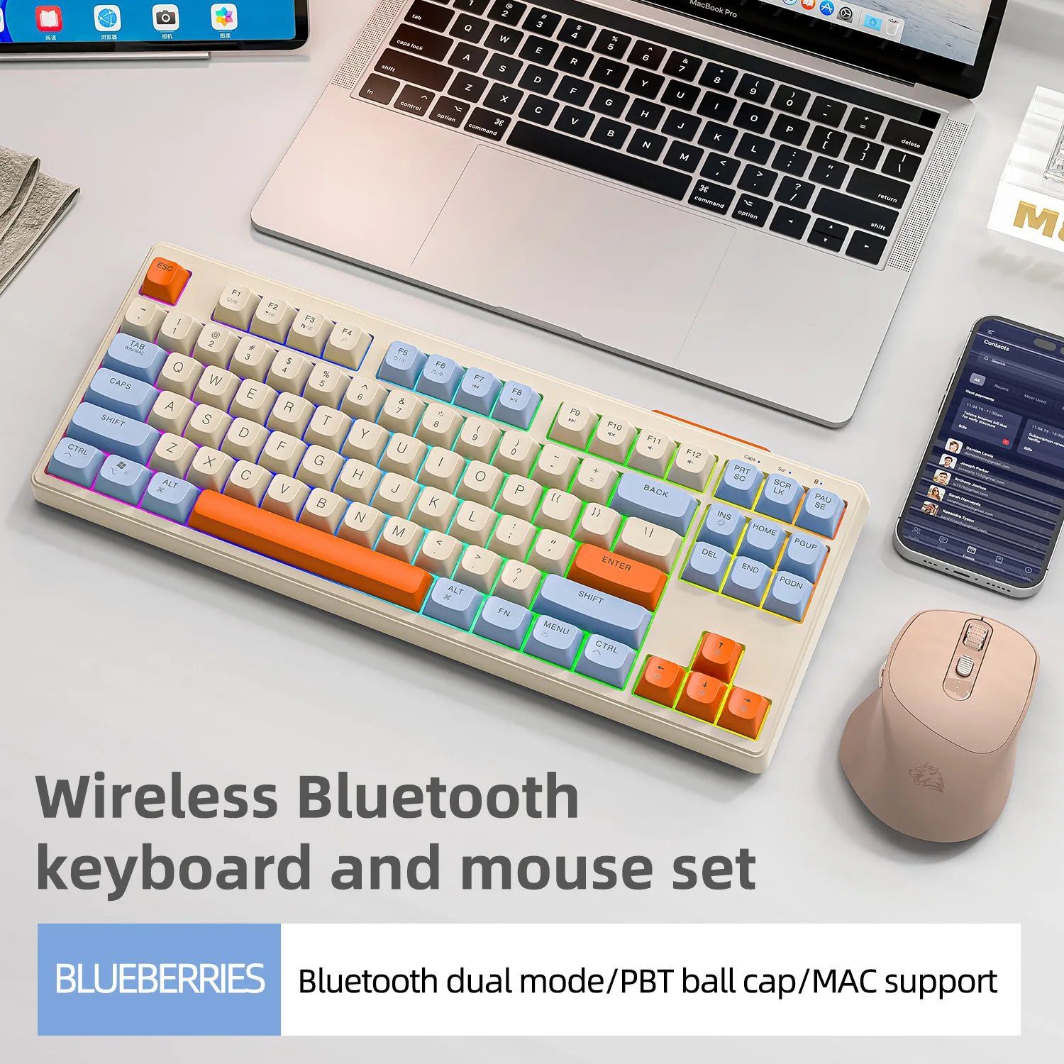 M87 Wireless Keyboard Gaming,87keys Dual Mode Bluetooth Keyboard with Rainbow-light RGB,PBT Ballcaps for Silent Office Gaming