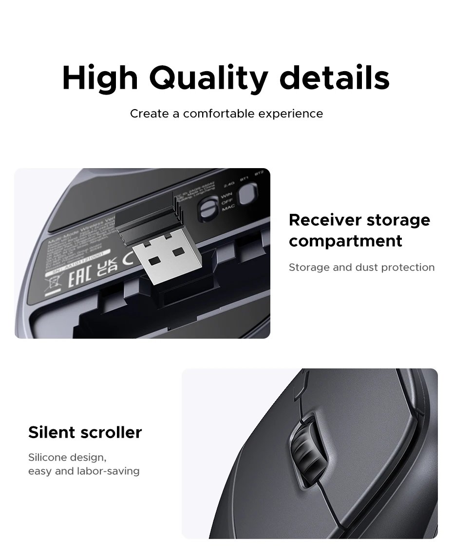 UGREEN Vertical Wireless Mouse 2.4G Ergonomic 4000DPI 6 Mute Buttons for MacBook Tablet Laptops Computer PC Mice Black Pink