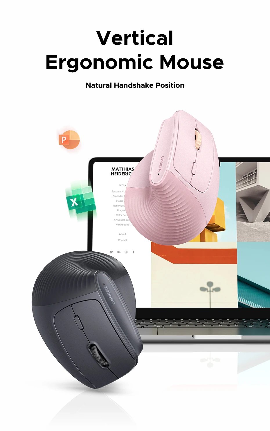 UGREEN Wireless Mouse Vertical 2.4G Ergonomic 4000DPI 6 Mute Buttons for MacBook Tablet Laptops Computer PC Mice Black Pink