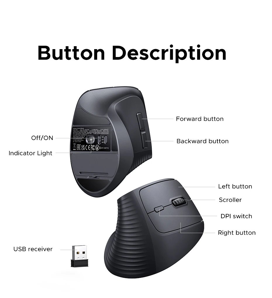 UGREEN Wireless Mouse Vertical 2.4G Ergonomic 4000DPI 6 Mute Buttons for MacBook Tablet Laptops Computer PC Mice Black Pink